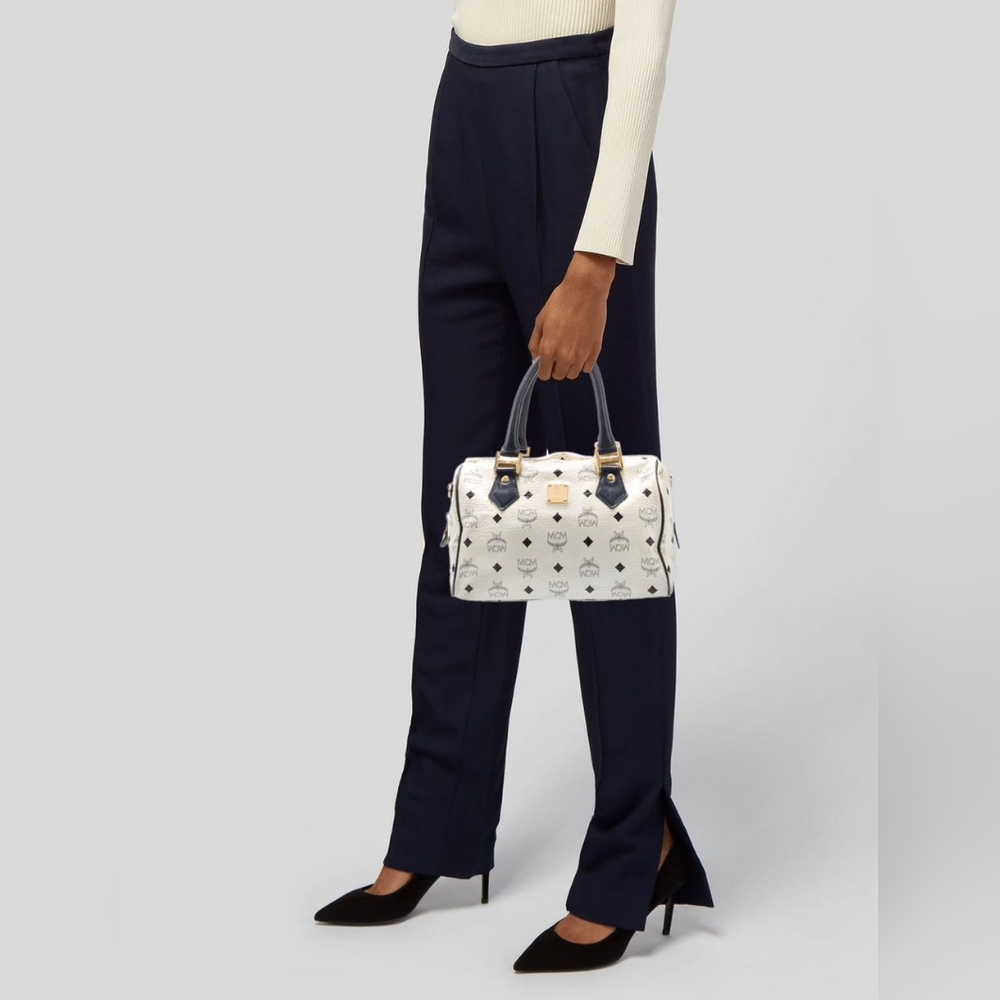 MCM Vintage Coated Canvas visetos Handle Bag Navy Blue/White - Picture 6 of 14